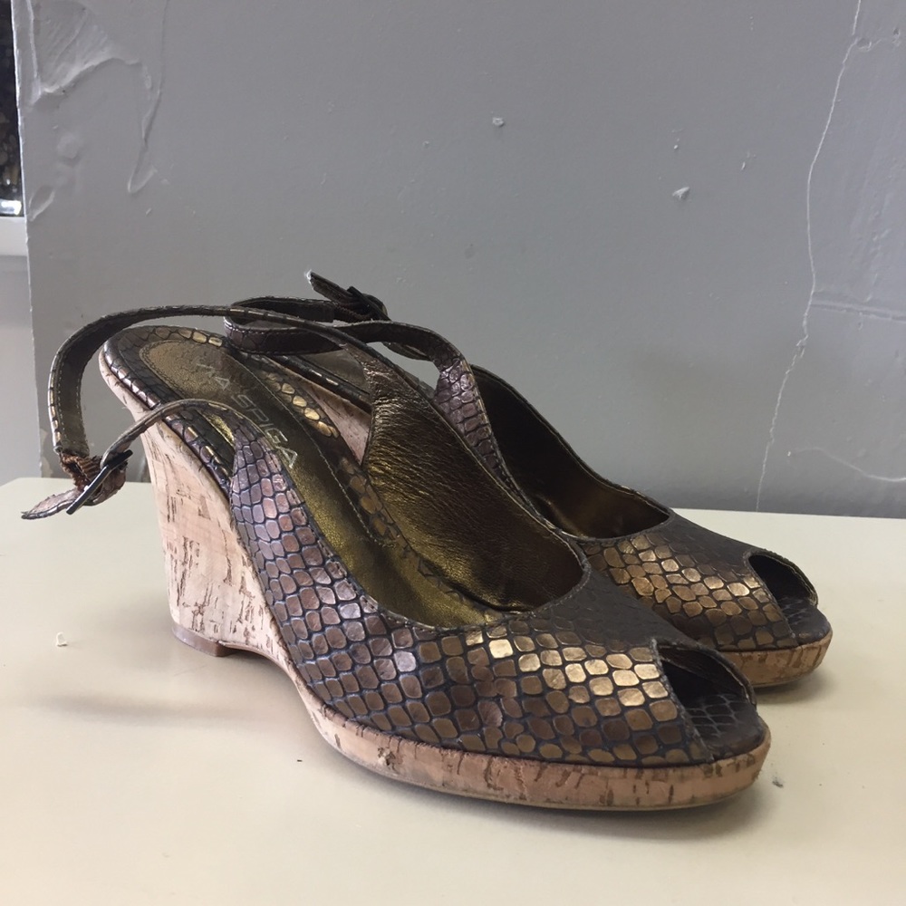 Via Spiga snake skin cork golden brown wedges.